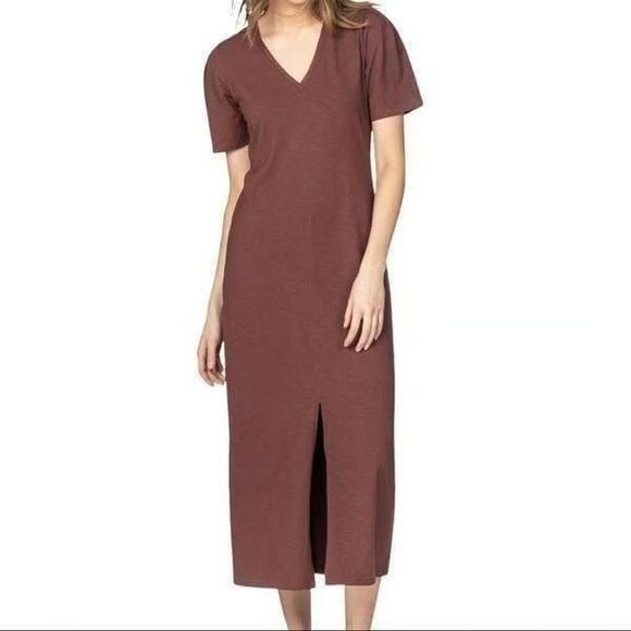 Lilla P Brown Maxi Dress XS V-Neck Short Sleeve Soft Jersey Minimalist Chic - Picture 2 of 16